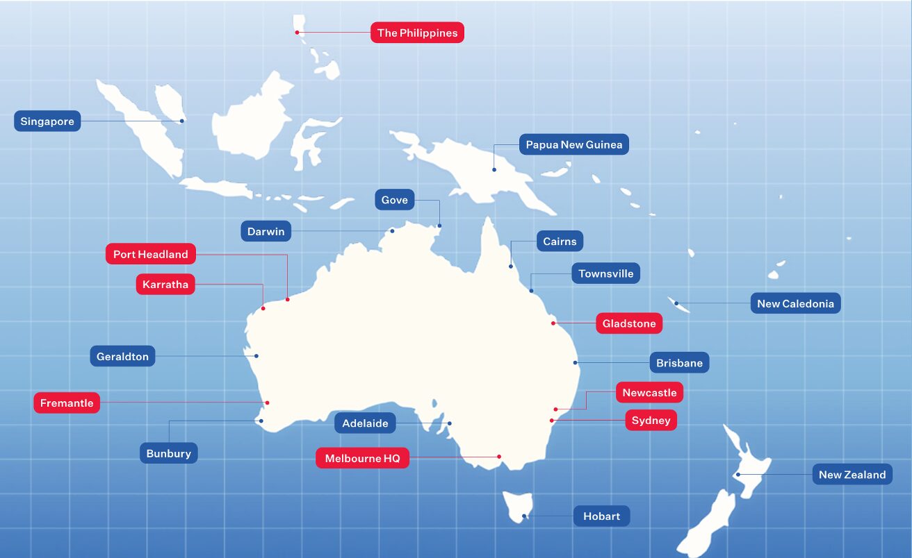 AWA Marine service map showing service depots and service locations across Australia and the Asia-Pacific